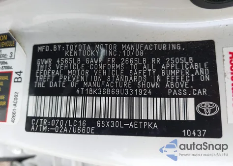 2009 Toyota Avalon Limited z USA, uszkodzony, nr VIN 4T1BK36B69U331924